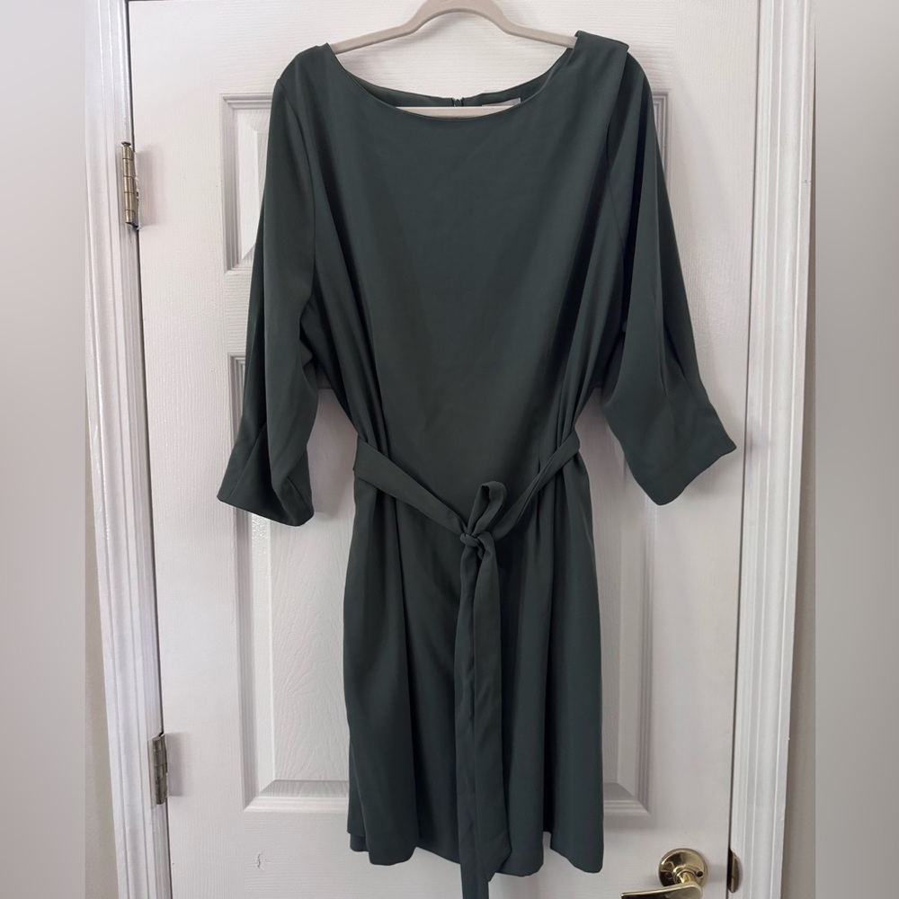 Elegant Slate Green Belted Dress